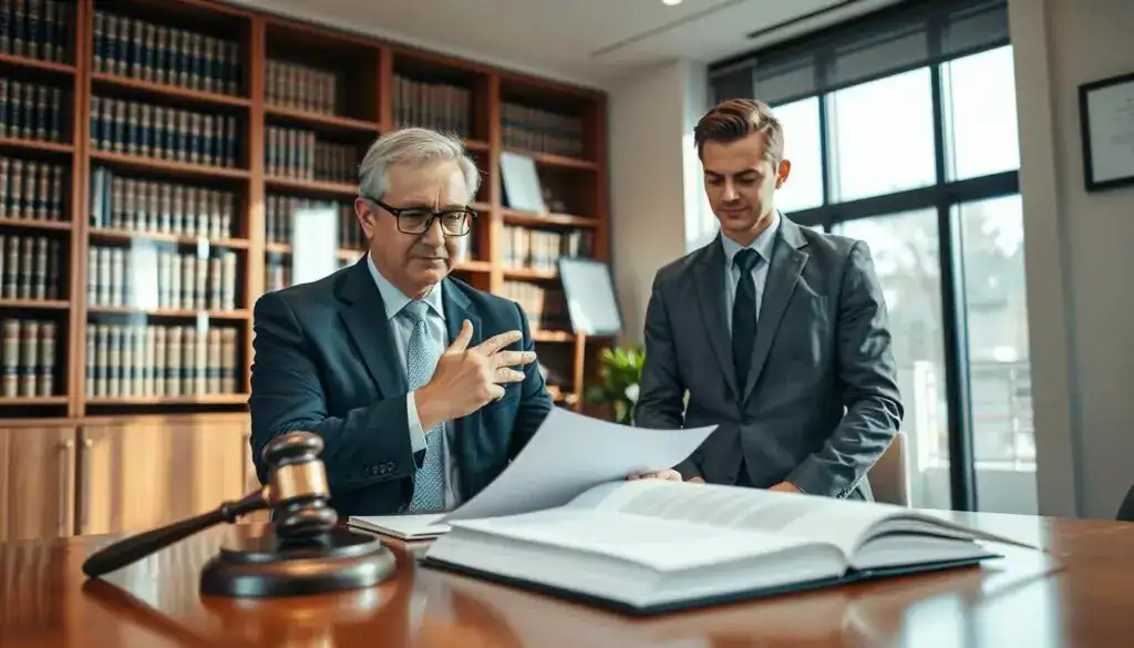A well-dressed lawyer in a sleek office environment, confidently discussing legal documents with a concerned client. The foreground features a polished wooden desk with legal papers and a gavel, emphasizing professionalism. In the middle, the lawyer, a middle-aged individual with a thoughtful expression, gestures toward the documents, wearing a tailored suit and glasses. The client, a young adult in smart casual attire, appears attentive and slightly relieved. In the background, large windows allow soft, natural light to illuminate the scene, creating a warm and inviting atmosphere. Bookshelves filled with law books and a diploma on the wall further enhance the professional setting. The mood is one of trust and assurance, highlighting the importance of professional legal assistance.
