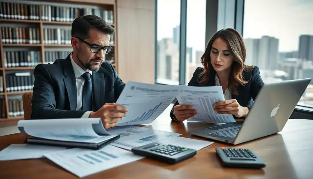 A well-dressed male and female insurance adjuster, in smart business attire, sit at a modern conference table, intently reviewing complex financial documents and calculators, analyzing damage assessment reports. The foreground features close-ups of paperwork, a laptop displaying detailed charts, and a professional calculator with bright, focused lighting highlighting their serious expressions. In the middle ground, a large window reveals a cityscape, casting natural light into the room, symbolizing professionalism and transparency. The background has shelves filled with books on finance and insurance, enhancing the atmosphere of expertise. The mood is serious and analytical, emphasizing the importance of accurate damage evaluation and cost assessment in a business context.