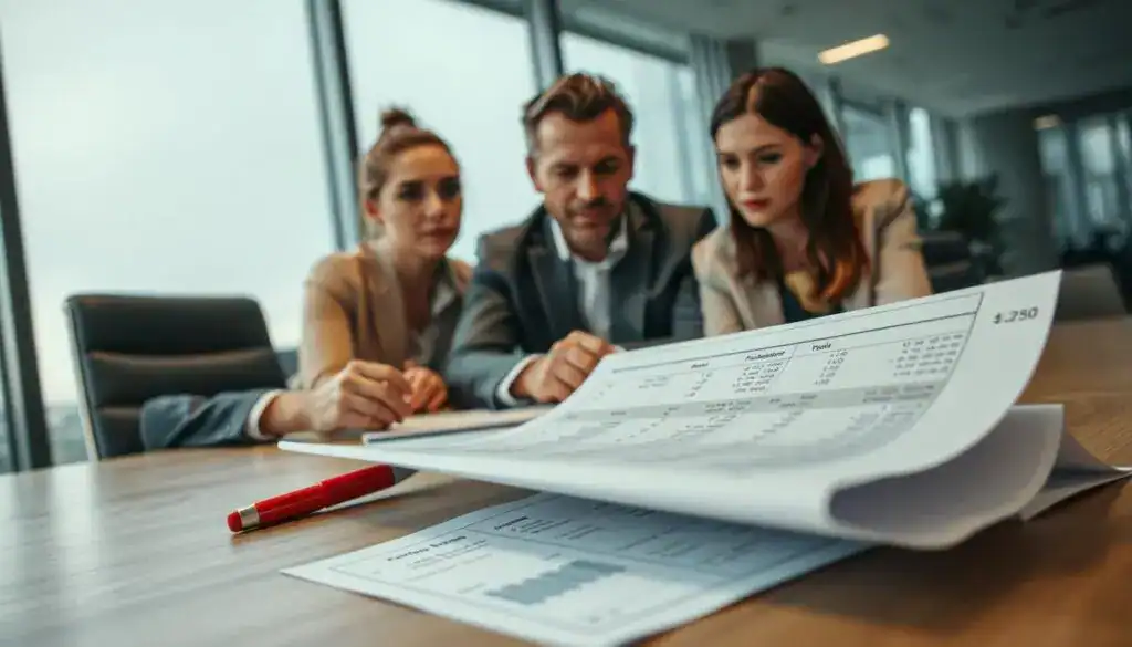 In a modern office environment, a professional-looking male and female team analyzing a complicated cost estimate document spread out on a wooden conference table. In the foreground, focus on the intricate details of the cost estimate sheet showing various figures and calculations, with one red pen highlighting errors. In the middle ground, the two colleagues are engaged in a serious discussion, with expressions of concentration and concern. The background features a large window allowing soft natural light to flood the room, creating an atmosphere of urgency and professionalism. The image should convey a sense of scrutiny and careful analysis, highlighting the theme of errors in cost estimates while maintaining a clean, polished look appropriate for a business setting.