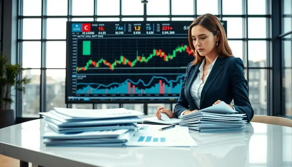A balanced composition illustrating the contrast between real value and market value in a business context. In the foreground, a professional woman in business attire, confidently analyzing a stack of graphs and financial reports on a sleek desk. In the middle ground, a large screen displays fluctuating market data and charts, symbolizing market value. The background features a modern office environment with large windows that let in soft, natural light, creating a bright and optimistic atmosphere. The overall mood conveys professionalism and analytical thinking, highlighting the intricate relationship between actual worth and market perception. The scene is captured from a slight angle to provide depth, with a focus on clarity and detail, emphasizing the importance of informed decision-making in valuation. A balanced composition illustrating the contrast between real value and market value in a business context. In the foreground, a professional woman in business attire, confidently analyzing a stack of graphs and financial reports on a sleek desk. In the middle ground, a large screen displays fluctuating market data and charts, symbolizing market value. The background features a modern office environment with large windows that let in soft, natural light, creating a bright and optimistic atmosphere. The overall mood conveys professionalism and analytical thinking, highlighting the intricate relationship between actual worth and market perception. The scene is captured from a slight angle to provide depth, with a focus on clarity and detail, emphasizing the importance of informed decision-making in valuation.