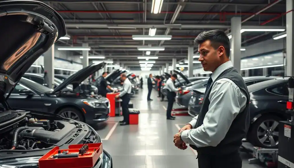 A busy vehicle service center showcasing a range of operations involved in automotive service and maintenance. In the foreground, a skilled mechanic in professional attire is inspecting a car's engine, tools neatly organized on a nearby workbench. In the middle, other technicians are engaged in tasks like tire changes and diagnostics, with modern equipment and tools around them. The background features service bays with vehicles under repair, illuminated by bright fluorescent lighting, giving a clean and efficient atmosphere. The scene conveys professionalism and teamwork in an automotive service setting, aiming for a polished, organized, and productive environment. The angle is slightly elevated, capturing the dynamic work being done while ensuring clarity of each task.