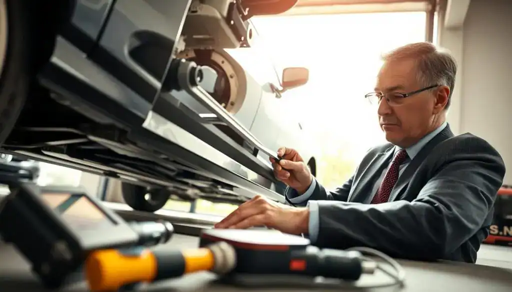 A close-up of a professional inspecting a vehicle for hidden damages after an accident, in an outdoor garage setting. The foreground features a middle-aged man wearing a business suit, focused and thoughtful, as he examines a section of the car's chassis. In the middle ground, tools such as a flashlight and a diagnostic equipment lay scattered around, highlighting the careful examination process. The background shows a well-lit garage, with soft, natural light streaming in through a large window, creating a clear and detailed view of the car. The mood is serious and professional, emphasizing the importance of uncovering hidden damages to ensure safety. The angle is slightly low, giving a sense of depth and focus on the man's diligent work. A close-up of a professional inspecting a vehicle for hidden damages after an accident, in an outdoor garage setting. The foreground features a middle-aged man wearing a business suit, focused and thoughtful, as he examines a section of the car's chassis. In the middle ground, tools such as a flashlight and a diagnostic equipment lay scattered around, highlighting the careful examination process. The background shows a well-lit garage, with soft, natural light streaming in through a large window, creating a clear and detailed view of the car. The mood is serious and professional, emphasizing the importance of uncovering hidden damages to ensure safety. The angle is slightly low, giving a sense of depth and focus on the man's diligent work.
