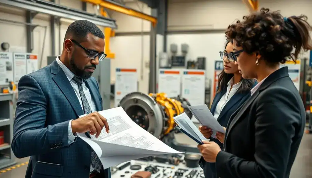 A close-up scene depicting consumer awareness in a modern industrial setting, focusing on a diverse group of professionals in business attire discussing technical documentation. In the foreground, a man in a tailored suit is pointing at a detailed technical drawing of machinery, while a woman in smart casual attire takes notes. The middle ground features a large disassembled machine, showcasing various components laid out meticulously, indicating the risks associated with dismantling. The background includes a bright, well-lit workspace with safety equipment and informative posters related to consumer rights and safety regulations. The lighting is bright and natural, evoking a sense of urgency and diligence, while the overall mood is serious and focused, highlighting the importance of documentation in risk management.