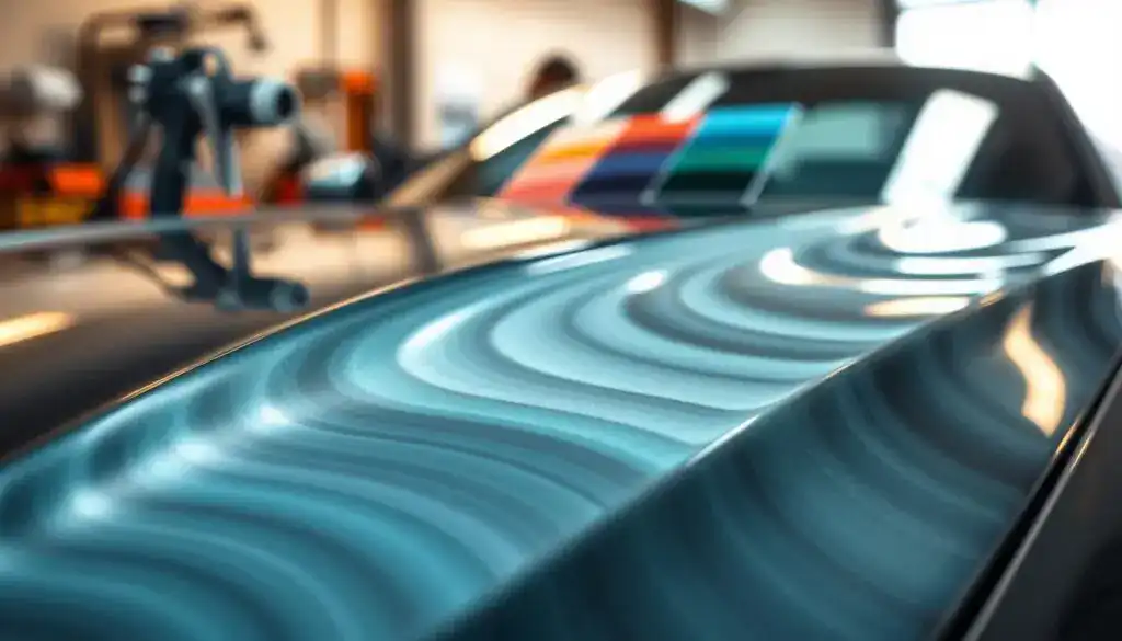 A close-up view of a car hood featuring intricately layered paint in different shades, highlighting the nuances of shadowing techniques in automotive lacquer application. The foreground showcases a smooth, glossy surface with reflected light, emphasizing the depth and risk associated with uneven shading. The middle section includes blurred outlines of a paint spray gun and color swatches, demonstrating the tools used in the shading process. In the background, soft-focus automotive workshop ambiance, with warm lighting casting a slight glow. The atmosphere is both professional and artistic, ideal for conveying the complex relationship of aesthetics and technology in cost implications.