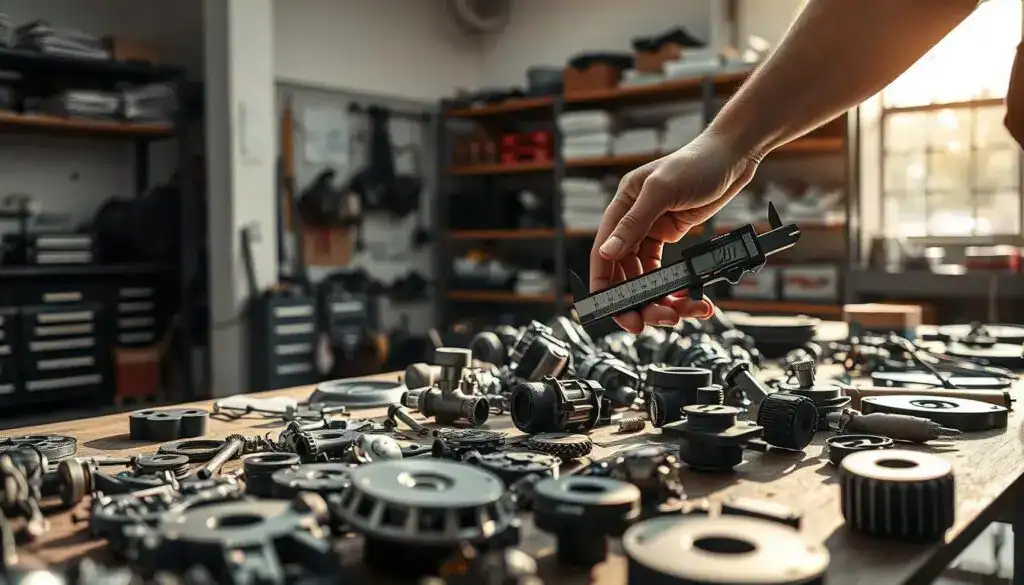 A close-up view of a professional mechanic examining original vehicle parts in a well-lit workshop. In the foreground, focus on the mechanic's hands holding a car component, meticulously checking for authenticity using specialized tools like a digital caliper. The middle section features a workbench cluttered with various genuine parts, emphasizing their unique, intricate designs. In the background, shelves filled with automotive manuals and tools create a busy, professional environment. Soft, natural light filters through a large window, casting gentle shadows that enhance the mood of focus and diligence. The atmosphere should convey expertise and seriousness, reinforcing the importance of originality in vehicle technology.