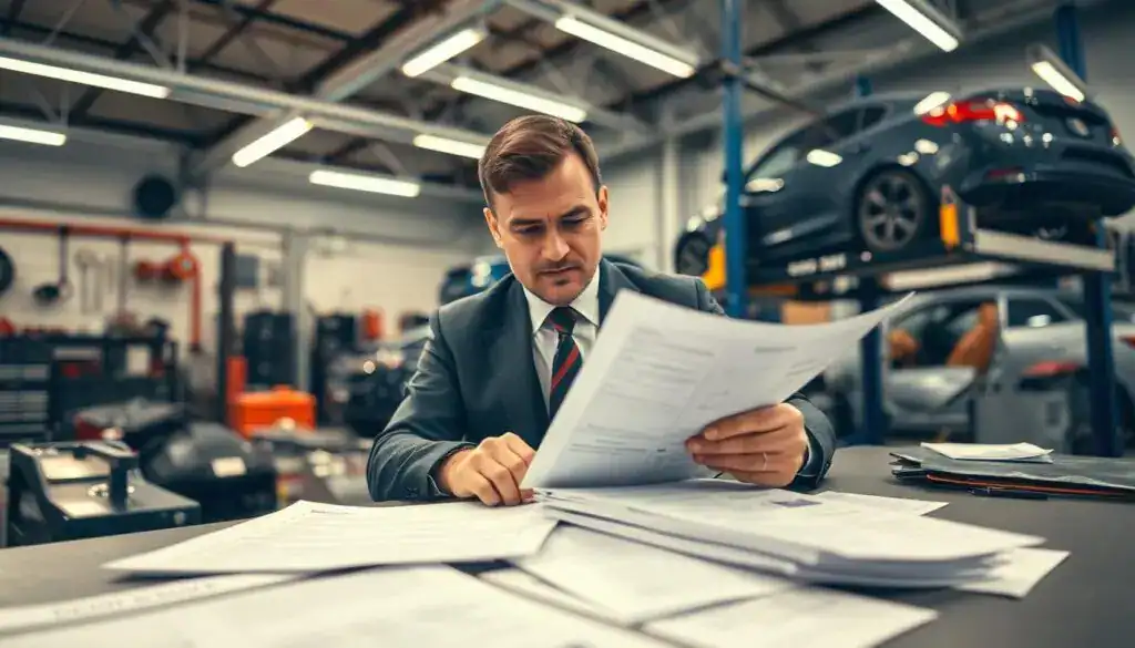 A close-up view of a technician reviewing vehicle repair documentation in a modern workshop. The foreground features detailed paperwork, including quality assurance forms and repair receipts spread across a workbench, illuminated by soft overhead lights. In the middle, a serious-looking technician in a professional business attire examines the documents with a focused expression, reflecting the atmosphere of diligence and accountability. The background displays various vehicle parts, tools, and a car on a lift, creating a busy yet organized environment. The lighting is warm and inviting, enhancing a sense of professionalism and trust. The overall mood conveys the importance of accurate documentation and the right to defend quality standards during vehicle repair.