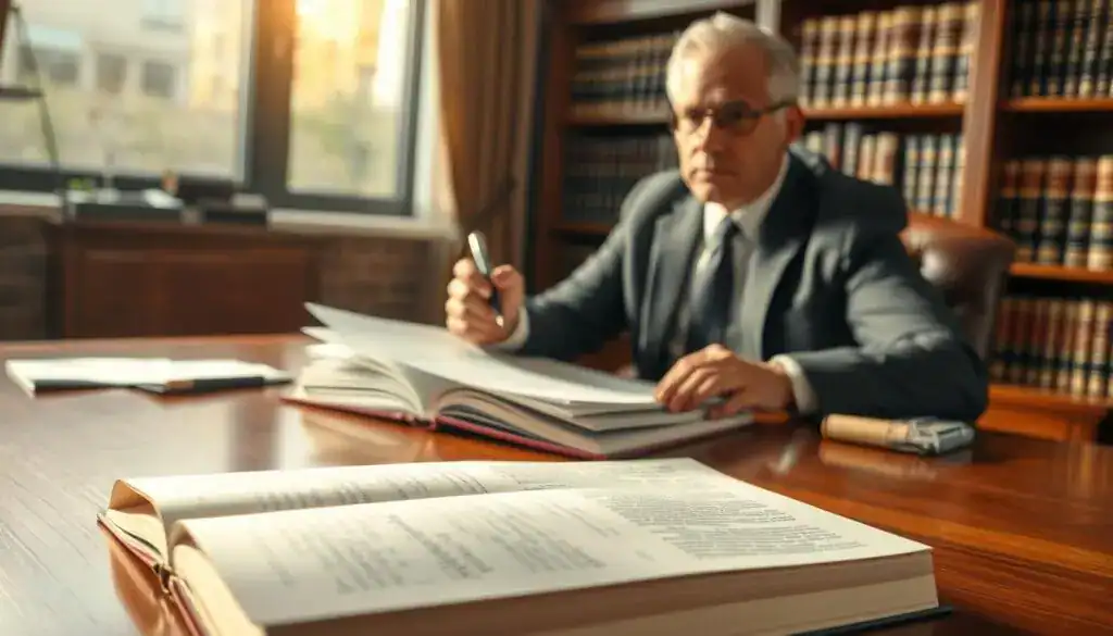 A contemplative lawyer seated at a polished wooden desk, examining a stack of documents under warm, focused lighting. In the foreground, a legal book with visible annotations lies open, symbolizing research and diligence. The middle ground features a lawyer in a sharp, professional suit, holding a pen and looking thoughtfully towards the window, where a soft glow of natural light enters, casting subtle shadows. In the background, shelves filled with law books create a scholarly atmosphere. The mood is serious yet hopeful, capturing the essence of seeking justice for hidden damages. The overall color palette is warm and inviting, highlighting the lawyer's commitment to uncovering the truth.