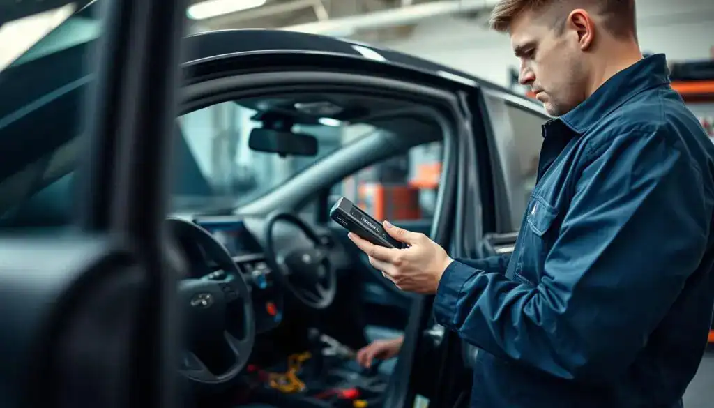 A detailed automotive diagnostics scene featuring a modern vehicle inside a well-lit garage. In the foreground, a professional technician in a clean, dark blue jumpsuit examines an advanced diagnostic scanner connected to the car's electronic interface. The middle ground includes the vehicle's interior, showcasing intricate wiring and electronic components, emphasizing the complexity of modern automotive technology. The background reveals tools and equipment neatly organized on shelves, adding to the technical atmosphere. Utilize soft, natural lighting to create a focused yet welcoming mood, while a shallow depth of field enhances the foreground details. Capture the essence of technical precision and the importance of electronic diagnostics in vehicle maintenance.