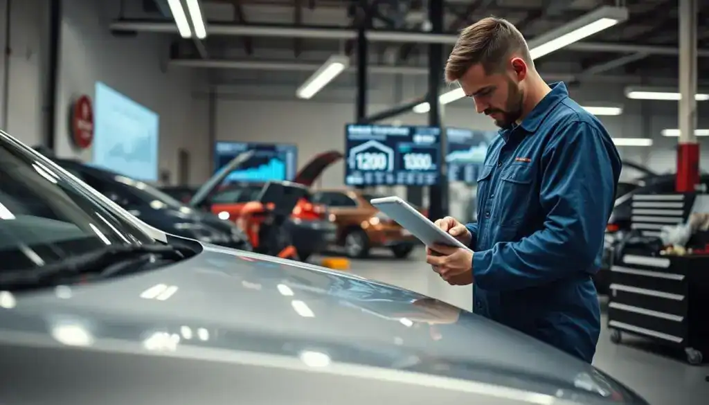 A detailed car repair cost estimation scene in a modern auto body shop. In the foreground, a mechanic in a blue jumpsuit is examining a damaged car hood, using a digital tablet to calculate repair costs. The middle ground features tools neatly arranged on a workbench, and a large screen displaying graphs and cost breakdowns. The background showcases a well-lit shop with bright fluorescent lights and other vehicles undergoing repairs. The atmosphere is professional and focused, emphasizing meticulous work and the assessment process. The image should have a slight depth of field to highlight the mechanic, with a clean, organized, and efficient ambiance. Make sure to avoid any text or overlays in the image.