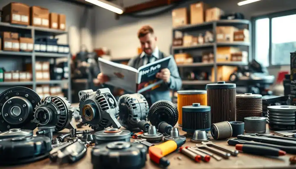 A detailed composition showcasing genuine automotive parts in a well-organized workshop environment. In the foreground, various car components such as brake pads, alternators, and filters are neatly displayed on a workbench, accompanied by tools like wrenches and pliers. The middle ground features a mechanic in professional business attire, analyzing a car manual and examining the parts, reflecting education and consumer awareness. In the background, shelving is stocked with labeled parts, illuminated by soft, warm lighting that creates an inviting atmosphere. The scene should convey a sense of professionalism and responsibility, emphasizing the importance of informed consumer choices in automotive technology and parts.