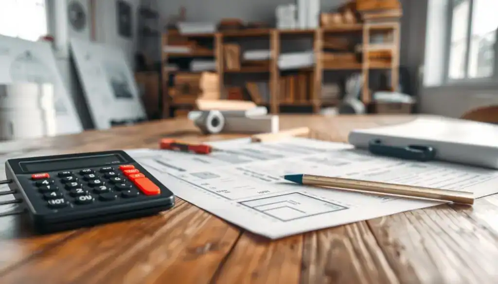 A detailed construction cost estimate (kosztorys budowlany) laid out on a rustic wooden table, with blueprints, a calculator, and measurement tools in the foreground. The scene is brightly lit, enhancing the textures of the paper and tools, with natural sunlight streaming in from a nearby window. In the middle ground, partially visible construction plans and charts are scattered about, showcasing various elements like materials and labor costs. In the background, a blurred workspace with shelves filled with construction books and materials gives context to the project. The overall atmosphere conveys a sense of professionalism and careful analysis, perfect for highlighting key components of a cost estimate. The image should evoke clarity and focus, inviting viewers to consider the detailed aspects of construction budgeting.