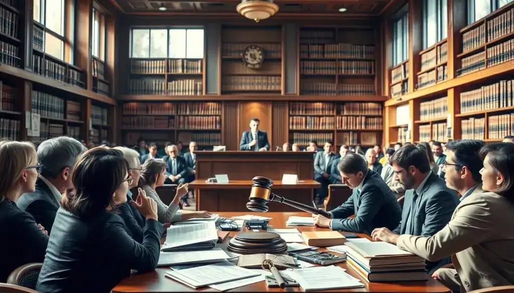 A detailed courtroom scene illustrating the concept of legal proceedings and compensation claims. In the foreground, a diverse group of professionals in business attire are engaged in a discussion around a table cluttered with legal documents and case files. In the middle, a judge presides over a courtroom filled with attentive spectators, with a gavel prominently displayed, signifying authority and order. The background features shelves filled with law books, enhancing the scholarly atmosphere. Natural light streams in through large windows, casting soft shadows, while the overall mood is focused and serious, reflecting the weight of legal decisions and the implications of hidden damages in accident claims. The scene is framed with a slight tilt upward to emphasize the courtroom's height and grandeur. A detailed courtroom scene illustrating the concept of legal proceedings and compensation claims. In the foreground, a diverse group of professionals in business attire are engaged in a discussion around a table cluttered with legal documents and case files. In the middle, a judge presides over a courtroom filled with attentive spectators, with a gavel prominently displayed, signifying authority and order. The background features shelves filled with law books, enhancing the scholarly atmosphere. Natural light streams in through large windows, casting soft shadows, while the overall mood is focused and serious, reflecting the weight of legal decisions and the implications of hidden damages in accident claims. The scene is framed with a slight tilt upward to emphasize the courtroom's height and grandeur.