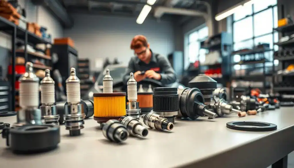 A detailed display of original car parts arranged on a sleek, modern workbench. In the foreground, focus on high-quality engine components like spark plugs, filters, and gaskets, all shining under bright, even LED lighting, showcasing their precision engineering. In the middle ground, a mechanic in professional attire examines a car dashboard, emphasizing a careful assessment of these original parts. The background features a well-organized workshop, filled with tools and shelves of additional car parts, with soft, natural light filtering through a large window, creating a welcoming atmosphere. The image conveys a sense of professionalism and trust in the technology behind original car parts, highlighting their importance and benefits.