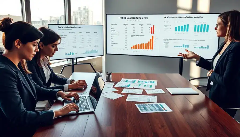 A detailed office workspace scene depicting a group of three professionals analyzing complex calculations related to ASO rates. In the foreground, a woman in a tailored business suit types on a laptop, her expression focused. Beside her, a man in a formal shirt examines documents spread across a polished wooden table. A third person, a woman in smart casual attire, gestures while pointing at a large chart on a screen illustrating common calculation errors. The middle layer features papers scattered across the desk, with graphs and numerical data highlighted. In the background, a large window allows soft natural light to flood the room, casting gentle shadows. The atmosphere is one of concentration and collaboration, showcasing a blend of modern design and professionalism. A detailed office workspace scene depicting a group of three professionals analyzing complex calculations related to ASO rates. In the foreground, a woman in a tailored business suit types on a laptop, her expression focused. Beside her, a man in a formal shirt examines documents spread across a polished wooden table. A third person, a woman in smart casual attire, gestures while pointing at a large chart on a screen illustrating common calculation errors. The middle layer features papers scattered across the desk, with graphs and numerical data highlighted. In the background, a large window allows soft natural light to flood the room, casting gentle shadows. The atmosphere is one of concentration and collaboration, showcasing a blend of modern design and professionalism.