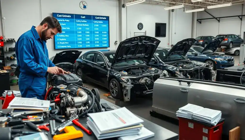 A detailed scene depicting a professional auto repair shop focused on the costs of vehicle repairs. In the foreground, a mechanic in a blue jumpsuit is examining a car engine on a workbench, with various tools and repair manuals scattered around. In the middle ground, several vehicles are in various states of disassembly, showcasing the complexity of repairs. Behind these, a large wall-mounted digital display shows cost estimates and repair guidelines related to specific car parts. The lighting is bright and well-lit, highlighting the organized chaos of the workshop while creating a focused and serious atmosphere. The camera angle is slightly elevated, capturing a comprehensive view of the space, emphasizing the meticulous nature of vehicle repair assessment and budgeting. A detailed scene depicting a professional auto repair shop focused on the costs of vehicle repairs. In the foreground, a mechanic in a blue jumpsuit is examining a car engine on a workbench, with various tools and repair manuals scattered around. In the middle ground, several vehicles are in various states of disassembly, showcasing the complexity of repairs. Behind these, a large wall-mounted digital display shows cost estimates and repair guidelines related to specific car parts. The lighting is bright and well-lit, highlighting the organized chaos of the workshop while creating a focused and serious atmosphere. The camera angle is slightly elevated, capturing a comprehensive view of the space, emphasizing the meticulous nature of vehicle repair assessment and budgeting.