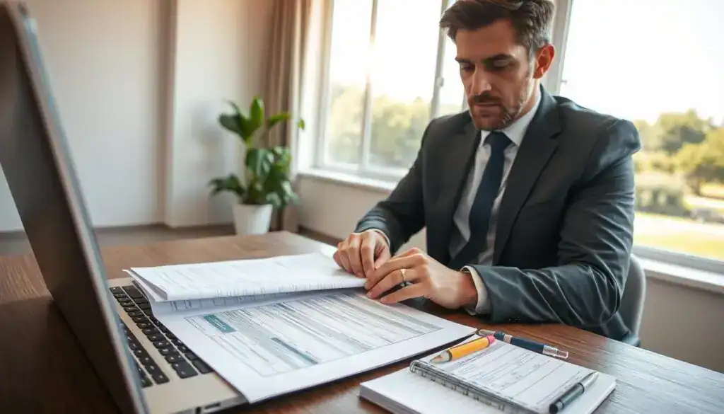 A detailed scene depicting the process of filing a property damage claim for a car. In the foreground, a professional-looking individual dressed in business attire sits at a desk, reviewing documents related to an auto accident claim. The middle layer shows a laptop open with various insurance forms displayed, alongside a calculator and a notepad filled with notes. In the background, a large window reveals a bright, sunny day outside, suggesting optimism and clarity. Soft, natural light streams into the room, creating a warm atmosphere. The angle of the composition should be slightly elevated, focusing on the individual's concentrated expression as they navigate the claims process, highlighting seriousness and diligence.