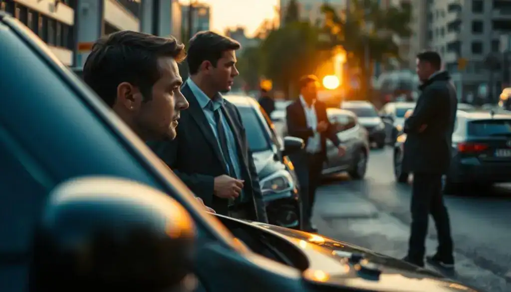 A detailed scene depicting unique scenarios of liability in an auto damage context. In the foreground, show a professional-looking individual in business attire, examining a damaged car, with expressions of concern and determination. In the middle ground, portray another person discussing the situation with a mechanic, gesturing towards the vehicle's extensive damage. The background should consist of a city street with other cars and buildings, subtly indicating everyday life. Use soft, natural lighting to create a serious yet hopeful atmosphere, with the sun setting on the horizon to symbolize resolution. The perspective should be slightly elevated, capturing the depth of the interaction and the environmental context clearly.