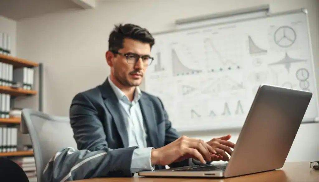 A detailed technical explanation scene in a modern office environment. In the foreground, a professional, focused businessperson is engaging with digital charts and graphs on a sleek laptop, wearing business attire. In the middle ground, a whiteboard filled with complex formulas and diagrams is visible, emphasizing a structured approach to calculations. The background features blurred shelves with books and technical manuals, suggesting a well-researched atmosphere. Soft, natural lighting from a nearby window creates a bright and inviting mood, while a slight depth of field focuses attention on the individual and the whiteboard. The overall composition should evoke a sense of clarity, professionalism, and methodical reasoning, highlighting the importance of deliberate decision-making in calculations.