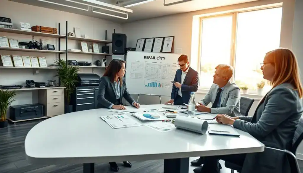 A detailed visual representation of "Kryteria oceny naprawy," featuring a professional evaluation scene in a clean, modern office. In the foreground, a diverse group of three individuals in business attire is gathered around a sleek table, discussing repair criteria, with charts and documents spread out. In the middle ground, a large window lets in soft, natural light, highlighting a whiteboard filled with evaluation metrics and notes. The background includes shelves with neatly organized repair equipment and certificates, exuding professionalism. The atmosphere is focused and collaborative, conveying the serious nature of repair assessments. Use a wide-angle lens for depth, and warm, inviting lighting to enhance the professional mood, avoiding any distractions from the central theme.