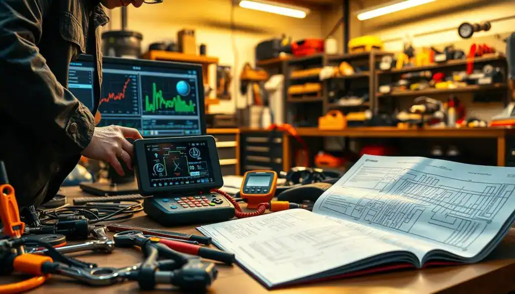 A detailed workspace scene showcasing tools and technologies utilized in diagnostic problem-solving. In the foreground, a mechanic in professional attire examines a high-tech car diagnostic device, with various tools like wrenches and circuit testers scattered around. The middle ground features a computer screen displaying intricate graphs and diagnostic readings, alongside a large automotive manual opened to a specific diagram. In the background, a well-organized workshop is filled with shelves of tools, spare parts, and a workbench illuminated by soft overhead lighting, creating a focused atmosphere. The color palette should be warm and inviting, emphasizing professionalism and efficiency in the automotive repair setting. The overall mood conveys a sense of expertise, clarity, and innovation in diagnostic technologies.