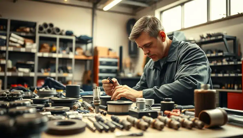A dynamic automotive workshop scene showcasing a mechanic in professional attire inspecting various car parts on a bright, well-lit workbench. In the foreground, focus on a detailed array of car components like brake pads, filters, and spark plugs, arranged meticulously. The middle ground features the mechanic, a focused middle-aged man with short hair, examining a replacement part under an overhead fluorescent light, with tools organized neatly around him. In the background, blurred shelves filled with car parts and equipment create a sense of depth. Soft natural light streams through a nearby window, creating a warm, industrious atmosphere, emphasizing the importance of making informed decisions in part replacements.