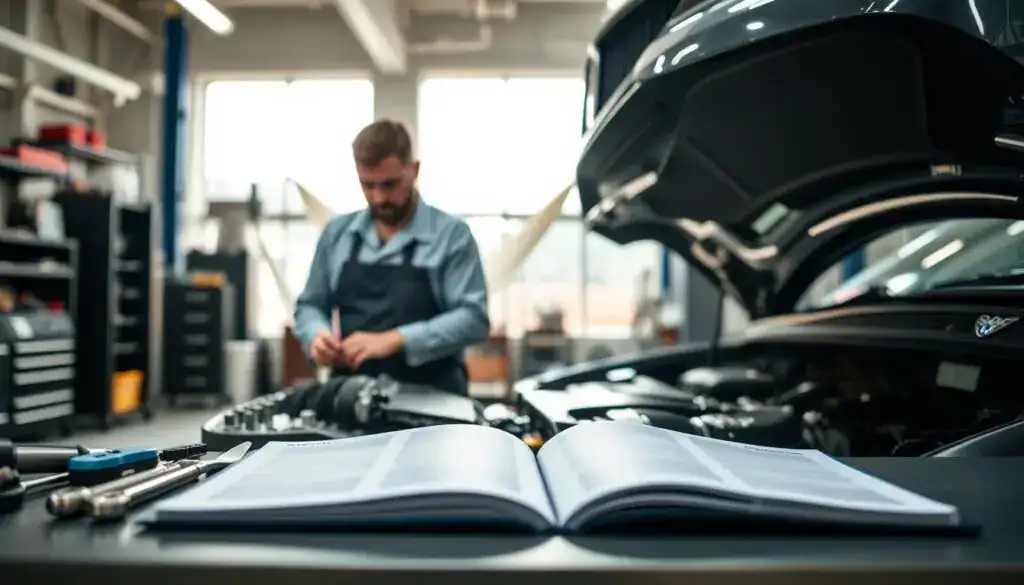 A high-quality vehicle repair scene, featuring a modern auto repair shop with a clean, well-organized workspace. In the foreground, a skilled mechanic in professional attire carefully examining the engine of a luxury car, showing focus and expertise. In the middle ground, tools are neatly arranged on a bench, and an open service manual rests beside them, emphasizing a methodical approach to repair. The background displays bright, natural lighting pouring in through large windows, illuminating the entire scene and creating a welcoming atmosphere. The mood is one of professionalism and dedication, highlighting the importance of expert repairs for future vehicle value. The image should have a shallow depth of field to draw attention to the mechanic and the car, creating a sense of intimacy and expertise.