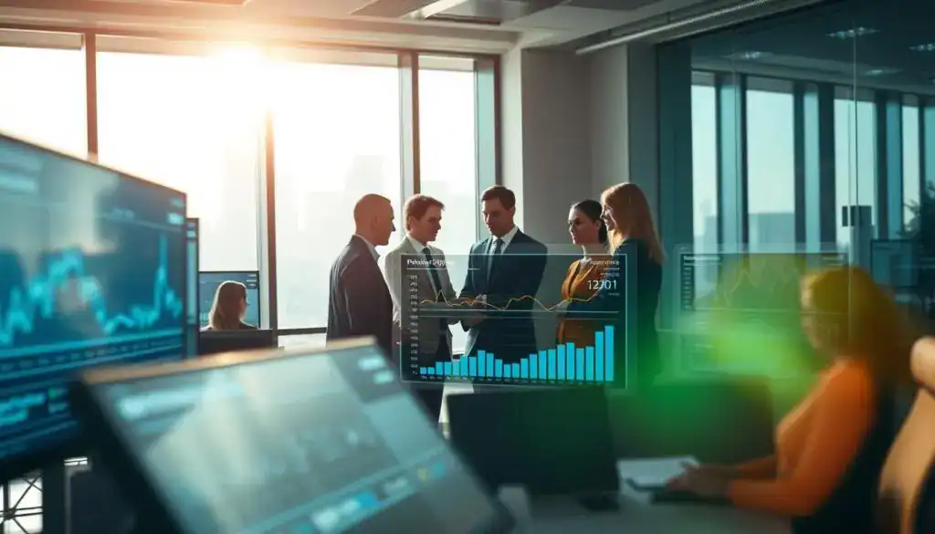 A high-tech, automatic optimization system in a modern office environment. In the foreground, sleek computer monitors display dynamic graphs and analytics, symbolizing efficient data processing. The middle ground features a diverse team of professionals, dressed in business attire, collaborating around a digital interface showing optimization metrics. The background showcases large windows with a city skyline, filtered sunlight cascading into the room, creating an atmosphere of innovation and motivation. The lighting is bright yet soft, enhancing the futuristic feel of the workspace. A subtle depth of field focuses on the collaboration at the center while gently blurring the cityscape, emphasizing the importance of effective service systems in a contemporary business context.