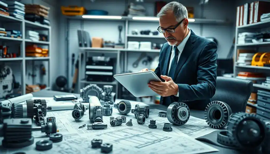 A highly detailed technical workspace featuring a professionally dressed engineer analyzing a collection of mechanical parts on a sleek, modern desk. In the foreground, focus on a well-organized layout of blueprints, CAD models, and technical specifications spread out, highlighting intricate components. In the middle, capture the engineer, a middle-aged person with glasses, interacting with a digital tablet that displays 3D renderings of parts, embodying a mood of concentration and analysis. The background should include shelves filled with neatly arranged tools and reference books, illuminated by bright, even lighting to enhance clarity. The atmosphere should convey professionalism, innovation, and a commitment to detail, ideal for a technical justification in a competitive field. The shot is from a slightly elevated angle to provide a comprehensive view of the workspace.