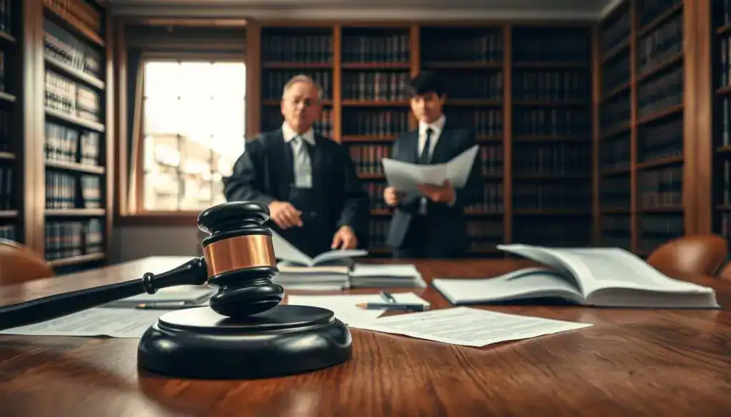 A legal setting illustrating the interpretation of § 249 BGB, featuring a wooden courtroom table in the foreground, scattered legal documents, and a gavel. In the middle ground, a judge in a black robe is reviewing case files, while a lawyer in professional attire stands, gesturing towards the documents. The background shows shelves lined with law books, subtle lighting highlighting the seriousness of the setting. A large window allows natural light to spill in, casting soft shadows that enhance the atmosphere of contemplation and authority. The overall mood is one of professionalism and diligence, capturing the essence of legal analysis in the context of BGH rulings. The image should have a warm, inviting tone while maintaining a formal ambiance, depicting the gravity of judicial processes. A legal setting illustrating the interpretation of § 249 BGB, featuring a wooden courtroom table in the foreground, scattered legal documents, and a gavel. In the middle ground, a judge in a black robe is reviewing case files, while a lawyer in professional attire stands, gesturing towards the documents. The background shows shelves lined with law books, subtle lighting highlighting the seriousness of the setting. A large window allows natural light to spill in, casting soft shadows that enhance the atmosphere of contemplation and authority. The overall mood is one of professionalism and diligence, capturing the essence of legal analysis in the context of BGH rulings. The image should have a warm, inviting tone while maintaining a formal ambiance, depicting the gravity of judicial processes.