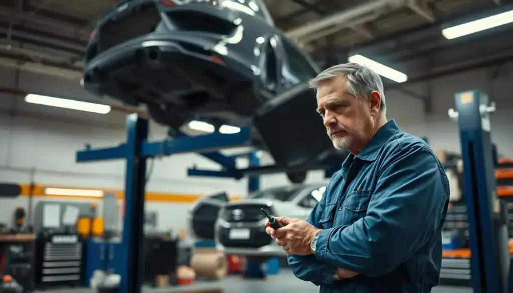 A mechanic in a modern auto repair shop, intently examining a car engine under bright, focused LED lighting. The foreground features the mechanic, a middle-aged individual wearing a clean, professional blue jumpsuit, with tools in hand, highlighting their expertise. In the middle ground, a well-maintained car is raised on a hydraulic lift, showcasing a detailed view of the engine compartment. The background displays various tools and equipment organized neatly, along with a service area, conveying a sense of professionalism and efficiency. The scene is captured with a slight depth of field, emphasizing the mechanic's concentration on their work. The overall atmosphere is one of diligence and skill, with a hint of urgency as the mechanic carries out their duties.