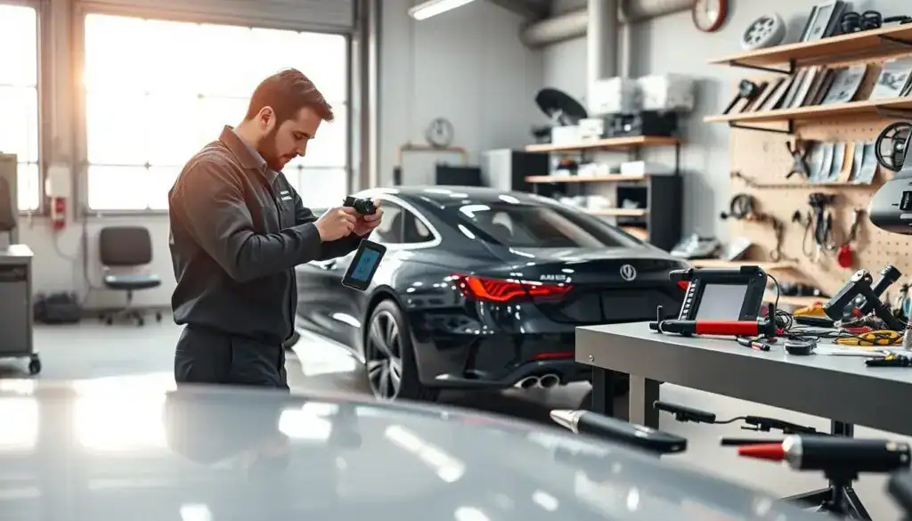 A modern automotive calibration scene inside a well-lit workshop. In the foreground, a technician in professional attire is adjusting a high-tech camera mounted on a vehicle’s dashboard using a precision tool. The middle ground shows a sleek, newly repaired car with digital screens displaying calibration data. Tools and calibration equipment are neatly arranged on a workbench to the right. The background features a large window with natural light streaming in, illuminating the workspace, and shelves filled with automotive manuals and gadgets. The mood is focused and professional, highlighting the importance of post-repair calibration processes in modern vehicles. The scene captures a blend of technology and hands-on expertise.