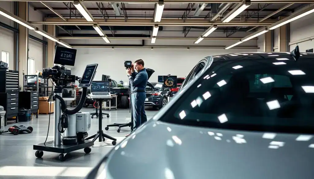 A modern automotive calibration scene showcasing "ADAS calibration procedure." In the foreground, an auto technician in a professional uniform carefully adjusts advanced equipment on a sleek, high-tech vehicle. The middle ground displays various calibration tools like laser alignment systems and diagnostic screens, reflecting the precision needed for modern car systems. In the background, a bright, well-lit workshop with automotive parts and equipment enhances the atmosphere of professionalism and technology. Soft, natural lighting illuminates the scene, creating clarity and focus on the calibration process. The mood conveys urgency and importance, highlighting the consequences of missing ADAS calibration for vehicle safety.