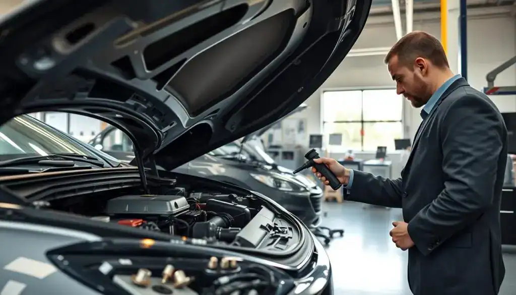 A modern automotive repair shop with a focus on vehicle compliance standards. In the foreground, a technician in professional business attire inspects a car's engine with precision tools, highlighting their focus on adherence to industry regulations. The middle ground features organized workstations with diagnostic equipment, sensors, and tools neatly arranged on a sturdy workbench. The background shows a well-lit workshop with posters displaying safety and compliance standards. Soft, natural lighting from large windows illuminates the scene, creating a clean and efficient atmosphere. The camera angle is slightly elevated, showcasing the professional environment while emphasizing the importance of quality and safety in vehicle repairs. The overall mood is one of diligence, professionalism, and commitment to excellence in automotive service.