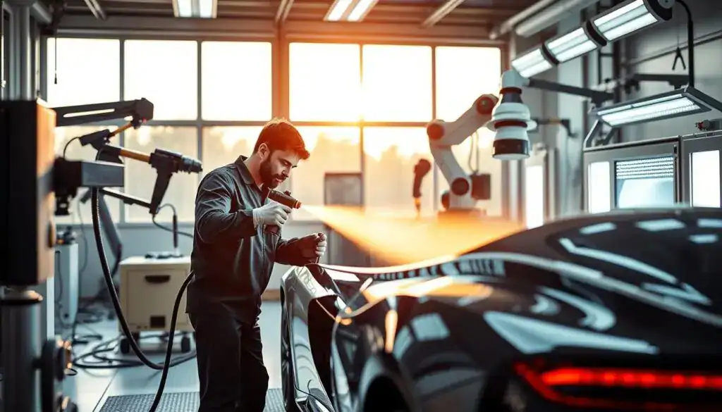 A modern car painting technology scene set in a state-of-the-art workshop. In the foreground, a technician wearing a professional uniform carefully applies a sleek, high-gloss paint to a luxury car using advanced spray equipment that emits fine mist. The middle ground showcases various sophisticated tools and machinery, including a robotic arm for precision painting and an illuminated curing station where paint shines under bright LED lights. The background features large windows revealing a vibrant, sunny day outside, adding a warm glow to the workspace. The overall atmosphere is one of innovation and efficiency, highlighting advancements in automotive painting technology. Capture this scene from a slightly elevated angle to emphasize the intricate details and organization of the technology at work.