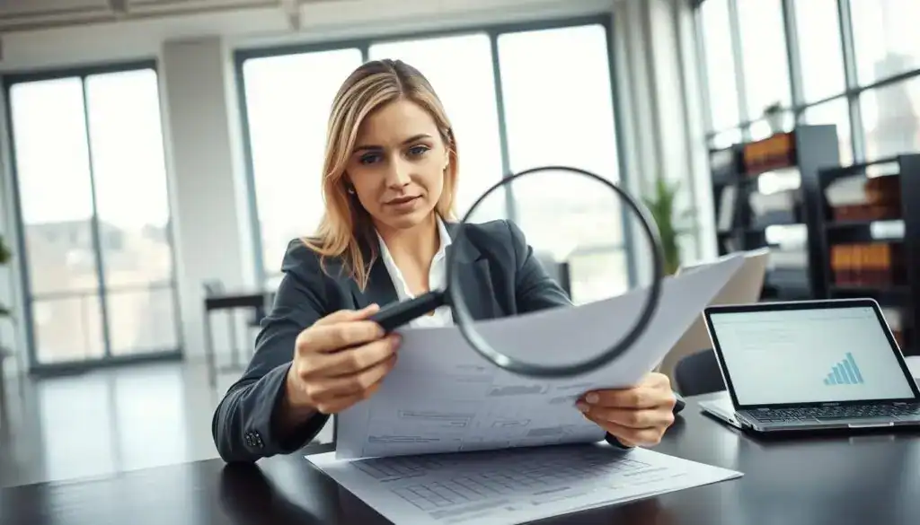 A modern office environment with a professional atmosphere, featuring a confident businesswoman in professional attire, closely examining a document on a table. In the foreground, she holds a magnifying glass, revealing hidden damages on a blueprint or property inspection report. The middle ground includes shelves with legal books and a laptop displaying graphs. In the background, the office has large windows letting in soft, natural light that creates a serious yet focused ambiance. The overall mood conveys diligence and professionalism, emphasizing the theme of discovering and documenting hidden damages. The image should be well-composed, with a depth of field effect that keeps the focus on the businesswoman and the document in her hands.