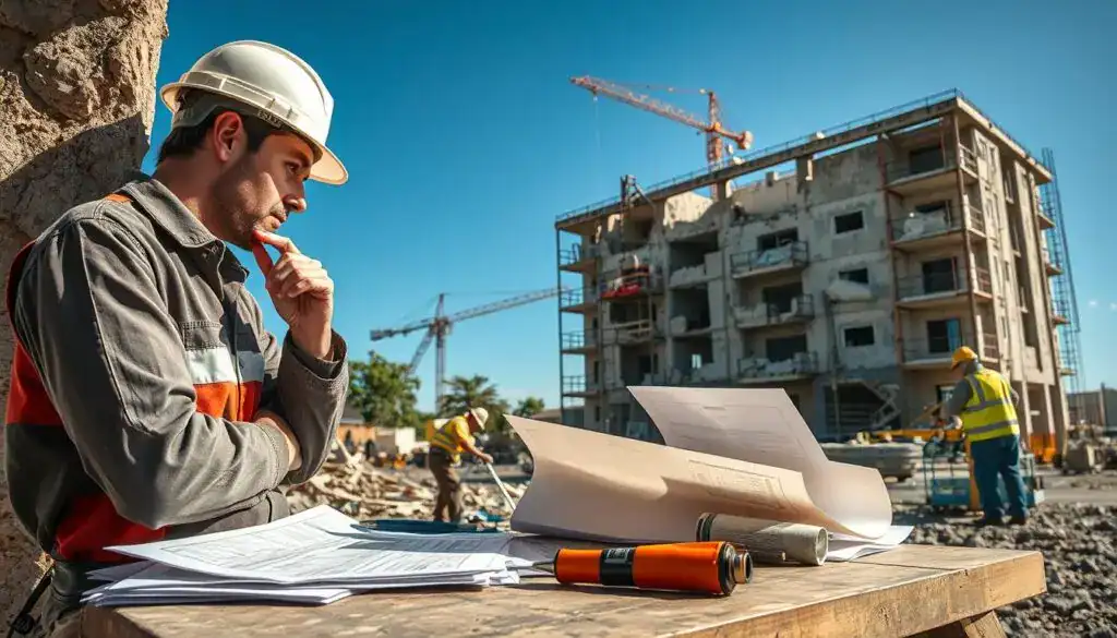 A professional and detailed scene illustrating the concept of revealing hidden damage during the process of dismantling a building. In the foreground, a mechanic wearing a hard hat is thoughtfully examining a crumbling wall, while examining tools and technical documents laid out on a workbench. In the middle, workers are carefully removing panels and examining the exposed infrastructure, revealing cracks and signs of deterioration. The background features a partially demolished building under a clear blue sky, with construction equipment and scaffolding visible. The lighting is bright and natural, adding a sense of urgency to the work environment. The overall mood conveys diligence and responsibility, highlighting the importance of technical documentation in property management. Ensure no text or logos appear in the image.