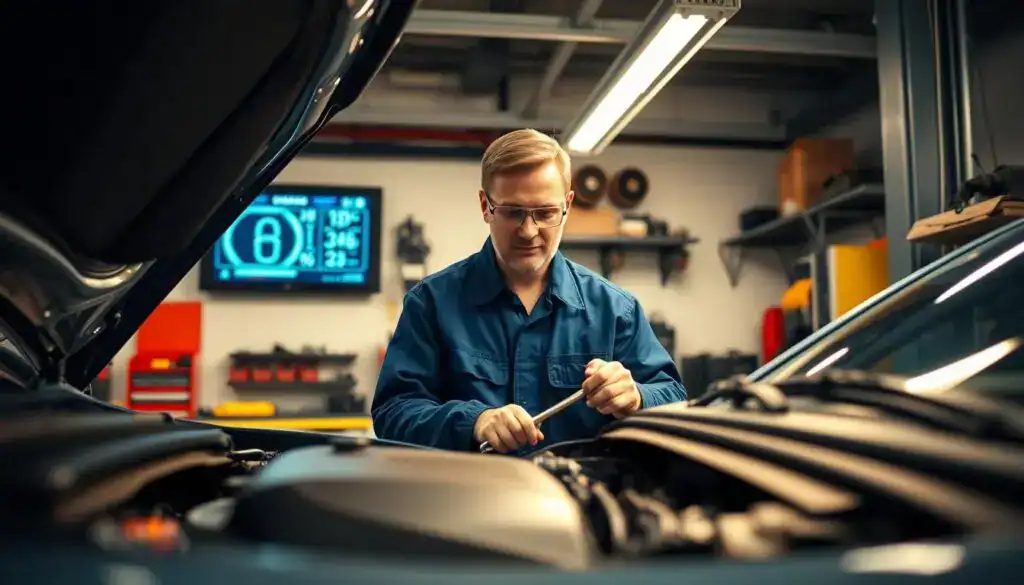 A professional auto repair scene depicting a skilled mechanic at work in a well-lit garage. In the foreground, the mechanic, dressed in a neat blue jumpsuit and safety goggles, is carefully examining a modern vehicle's engine with a torque wrench. Tools and spare parts are organized in the background, showcasing an orderly and efficient workspace. The middle ground features a diagnostic screen displaying vehicle data, emphasizing advanced technology in the repair process. Bright fluorescent lighting illuminates the space, creating a clean and focused atmosphere. The angle is slightly elevated, providing a clear view of the mechanic's concentration and expertise. The overall mood conveys professionalism, attention to detail, and the importance of quality repair service for valuable vehicles.