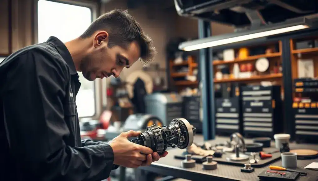 A professional automotive repair workshop focused on warranty repairs. In the foreground, a technician in a neat uniform carefully examines a disassembled vehicle component, illustrating precision and attention to detail. In the middle, a well-organized workspace with various tools and parts neatly arranged, highlighting advanced diagnostic equipment and quality assurance materials. The background features a large window allowing natural light to illuminate the scene, providing a warm and inviting atmosphere. The lighting is soft yet bright, emphasizing the cleanliness and professionalism of the environment. The overall mood should convey a sense of reliability, expertise, and commitment to quality standards in vehicle maintenance and repair.