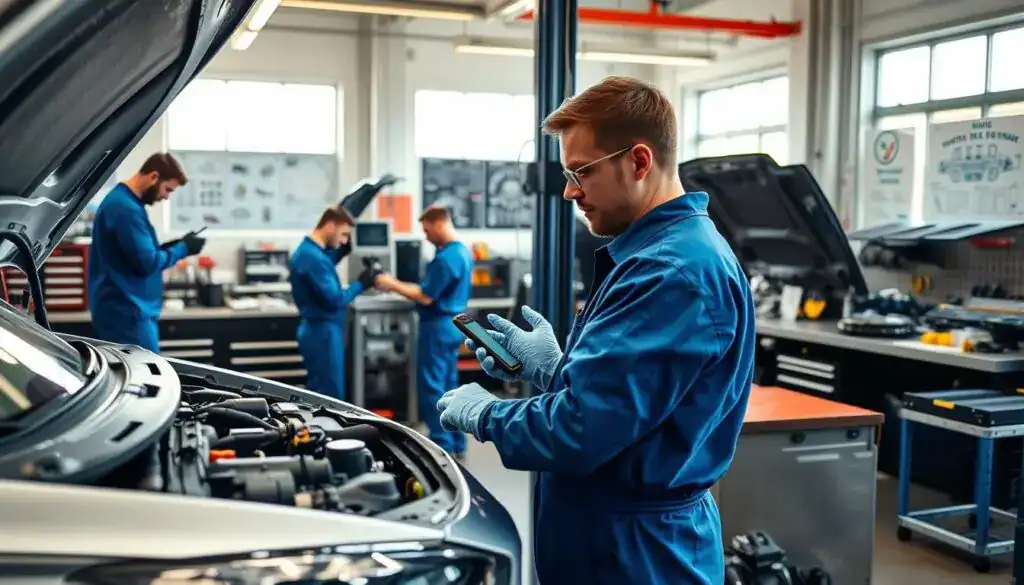 A professional automotive repair workshop scene depicted in intricate detail. In the foreground, a skilled mechanic wearing a blue jumpsuit and safety gloves inspects a modern car engine on a lift, using diagnostic equipment. In the middle ground, another technician is calibrating a complex sensor system on a nearby vehicle. The background features organized workbenches filled with tools, spare parts, and equipment, with posters of automotive schematics on the walls. Bright, natural lighting floods the space through large windows, creating a clean and focused atmosphere. The angle is slightly tilted to provide depth, capturing the bustling activity and professionalism. The overall mood conveys expertise, precision, and dedication to quality vehicle repair.