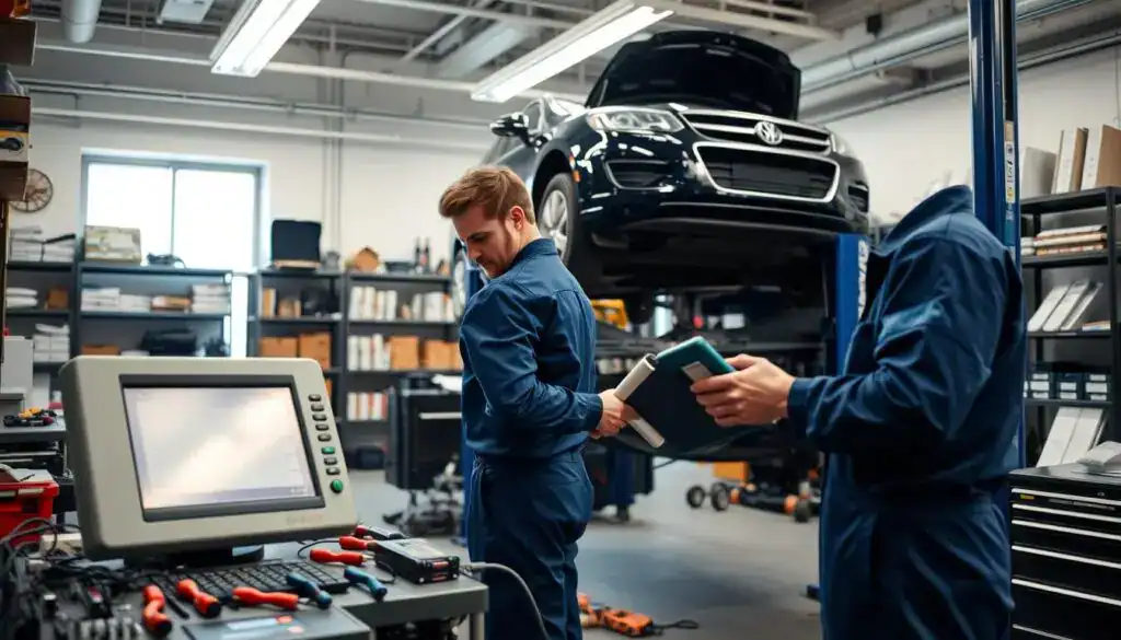 A professional automotive workshop interior focused on diagnostic services. In the foreground, a mechanic in a blue jumpsuit examines an advanced diagnostic machine, surrounded by various tools and devices. The middle ground shows a car elevated on a hydraulic lift, with a partially open hood, revealing electronic components. In the background, shelves are filled with car parts and manuals, while a large window lets in natural light, highlighting the clean and organized space. Soft overhead lighting provides a warm, inviting atmosphere. The scene conveys a sense of professionalism and expertise in vehicle electronics, emphasizing the importance of proper diagnostics in vehicle repair.