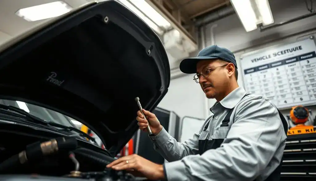 A professional driver inspecting a vehicle in a well-lit garage, showcasing the importance of vehicle maintenance. In the foreground, the driver, wearing a neat uniform, is examining the engine with a tool in hand, displaying focus and diligence. The middle ground features various automotive tools and equipment organized neatly on a workbench, emphasizing readiness and professionalism. In the background, a large poster on the wall highlights vehicle maintenance schedules, reinforcing the theme of preparation. Bright overhead lights create a clean and organized atmosphere, while soft shadows add depth and realism. The angle should convey a dynamic view from slightly below, offering a perspective that highlights the driver's engagement with the task at hand. Overall, the mood depicts diligence, responsibility, and the crucial role of maintenance in vehicle safety.