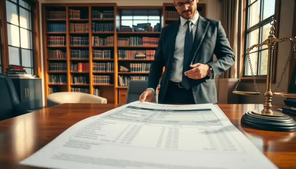 A professional lawyer standing in an elegantly designed office, reviewing a detailed repair cost estimate on a wooden desk. The foreground features a close-up of the repair document, highlighting sections with legal annotations and calculations. In the middle ground, a large bookshelf filled with legal books and case studies provides context, while a decorative legal scale rests nearby, symbolizing justice. The background shows a large window allowing soft daylight to illuminate the scene, casting gentle shadows. The mood is serious and contemplative, emphasizing the importance of legal aspects in vehicle repair costs. The lighting is warm, enhancing the professional atmosphere, and the lawyer is dressed in formal business attire, reflecting expertise and authority.