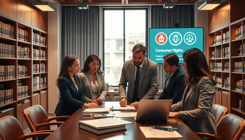 A professional legal setting illustrating consumer rights and protection. In the foreground, a diverse group of individuals in business attire, engaged in a discussion around a table filled with legal documents and a laptop, showcasing teamwork and collaboration. The middle scene features a large window with natural light illuminating a modern office environment, enhancing a feeling of transparency and openness. In the background, bookshelves filled with legal texts and a digital screen displaying consumer rights symbols. The atmosphere is serious yet hopeful, emphasizing empowerment and justice, with warm lighting that promotes a sense of security and trust. The composition should have a clear focal point on the group’s interaction, creating a dynamic visual narrative around consumer empowerment and rights. A professional legal setting illustrating consumer rights and protection. In the foreground, a diverse group of individuals in business attire, engaged in a discussion around a table filled with legal documents and a laptop, showcasing teamwork and collaboration. The middle scene features a large window with natural light illuminating a modern office environment, enhancing a feeling of transparency and openness. In the background, bookshelves filled with legal texts and a digital screen displaying consumer rights symbols. The atmosphere is serious yet hopeful, emphasizing empowerment and justice, with warm lighting that promotes a sense of security and trust. The composition should have a clear focal point on the group’s interaction, creating a dynamic visual narrative around consumer empowerment and rights.