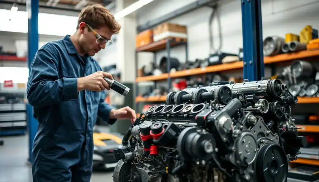 A professional mechanic in a well-lit automotive workshop, carefully examining and replacing a critical engine part. The foreground features the mechanic, wearing a blue jumpsuit and safety goggles, using specialized tools like a torque wrench and socket set. The middle ground showcases a disassembled engine with various replacement parts neatly organized on a workbench. In the background, shelves filled with spare parts and tools can be seen, contributing to a busy and efficient atmosphere. The lighting is bright and focused, highlighting the intricacies of the engine component. The overall mood is serious, reflecting the importance of proper part replacement for safety and optimal vehicle performance. A professional mechanic in a well-lit automotive workshop, carefully examining and replacing a critical engine part. The foreground features the mechanic, wearing a blue jumpsuit and safety goggles, using specialized tools like a torque wrench and socket set. The middle ground showcases a disassembled engine with various replacement parts neatly organized on a workbench. In the background, shelves filled with spare parts and tools can be seen, contributing to a busy and efficient atmosphere. The lighting is bright and focused, highlighting the intricacies of the engine component. The overall mood is serious, reflecting the importance of proper part replacement for safety and optimal vehicle performance.