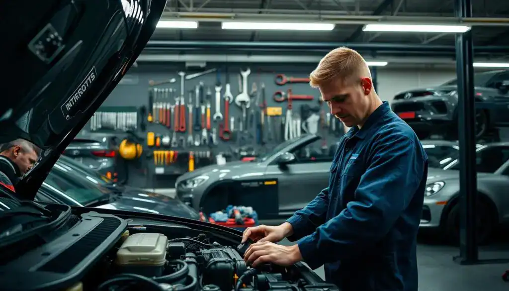 A professional mechanic working on vehicle repair in a well-equipped workshop. In the foreground, a mechanic, dressed in a clean, navy blue work uniform, is focused on inspecting a car engine. Tools and parts are organized neatly on a workbench nearby. The middle layer features an array of automotive tools hanging on the wall, illuminated by overhead fluorescent lights that cast a bright, sterile glow across the space. In the background, various vehicles are parked, showcasing different makes and models, representing a diverse range of repair needs. The atmosphere is focused and industrious, reflecting a commitment to quality vehicle repairs. The angle captures both the mechanic's concentration and the organized chaos of the garage environment without any text or distractions.