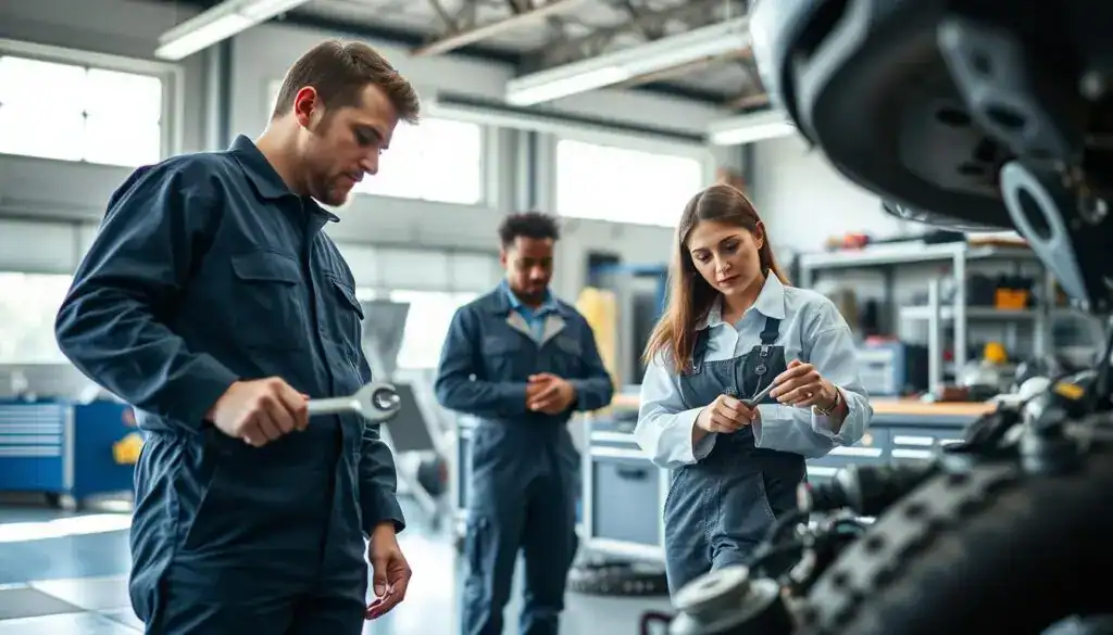 A professional mechanic workshop scenario, showcasing a diverse group of technicians examining a vehicle with a focus on quality and precision in repair work. In the foreground, a male technician in a dark blue coverall holds a wrench, while a female technician in a white shirt and coveralls inspects a tool on a workbench. In the middle ground, various tools and machinery are neatly organized, emphasizing efficiency. The background features a well-lit garage, with natural light streaming in through large windows, creating a bright, welcoming atmosphere. The mood reflects professionalism and teamwork, underscoring the importance of technical equivalence in repairs. Use a wide-angle lens to capture the entire scene, ensuring clarity and detail, with soft shadows to add depth. A professional mechanic workshop scenario, showcasing a diverse group of technicians examining a vehicle with a focus on quality and precision in repair work. In the foreground, a male technician in a dark blue coverall holds a wrench, while a female technician in a white shirt and coveralls inspects a tool on a workbench. In the middle ground, various tools and machinery are neatly organized, emphasizing efficiency. The background features a well-lit garage, with natural light streaming in through large windows, creating a bright, welcoming atmosphere. The mood reflects professionalism and teamwork, underscoring the importance of technical equivalence in repairs. Use a wide-angle lens to capture the entire scene, ensuring clarity and detail, with soft shadows to add depth.