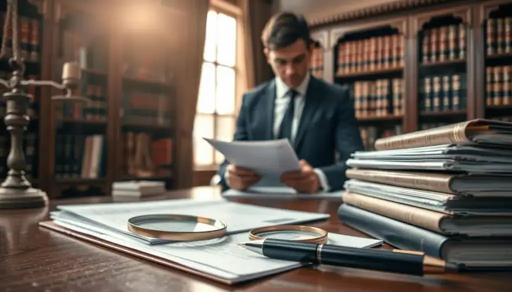 A professional office environment featuring a close-up of a legal desk with a neatly arranged stack of civil law books, emphasizing the concept of compensation and legal claims. In the foreground, a set of formal documents with a magnifying glass rests next to a pen, symbolizing the meticulous nature of processing claims. In the middle, a well-dressed lawyer in formal business attire is engaged in reviewing case files, showcasing focus and determination. The background includes an elegant bookshelf filled with legal texts, bathed in warm, natural light streaming through a nearby window, creating an atmosphere of professionalism and seriousness. The overall mood conveys a sense of diligence and the pursuit of justice. A professional office environment featuring a close-up of a legal desk with a neatly arranged stack of civil law books, emphasizing the concept of compensation and legal claims. In the foreground, a set of formal documents with a magnifying glass rests next to a pen, symbolizing the meticulous nature of processing claims. In the middle, a well-dressed lawyer in formal business attire is engaged in reviewing case files, showcasing focus and determination. The background includes an elegant bookshelf filled with legal texts, bathed in warm, natural light streaming through a nearby window, creating an atmosphere of professionalism and seriousness. The overall mood conveys a sense of diligence and the pursuit of justice.