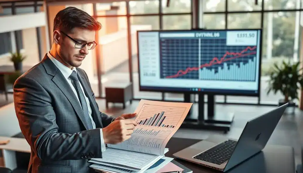 A professional office environment focused on the theme of "vehicle compensation." In the foreground, a confident business professional in a tailored suit is analyzing financial documents and charts related to vehicle repair costs, with a laptop open beside them. In the middle ground, a large monitor displays graphs showing the correlation between repair equivalence and financial outcomes, highlighting data trends. The background features a modern office setting with sleek furniture and large windows allowing natural light to flood the space, creating an atmosphere of productivity and seriousness. Use warm, inviting lighting to evoke a sense of professionalism and trust. The perspective is slightly high, giving a comprehensive view of the scene, emphasizing the importance of these financial discussions in business decision-making.