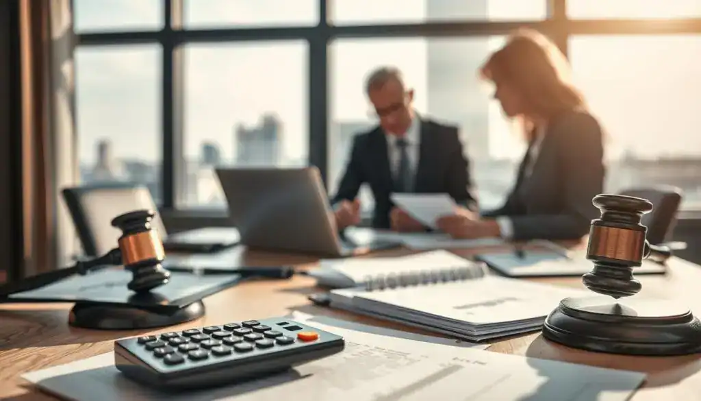A professional office environment focusing on the theme of German civil law, specifically emphasizing the factors influencing compensation amounts. In the foreground, a close-up of a neatly organized desk with legal documents, a calculator, and a gavel, symbolizing justice. The middle ground includes a blurred figure of a businessperson in professional attire, engaging in discussion with another individual, both analyzing data on a laptop. In the background, a large window reveals a cityscape of Berlin under soft daylight, casting gentle shadows, enhancing the atmosphere of seriousness and professionalism. The image exudes a calming yet attentive mood, ideal for legal discussions.