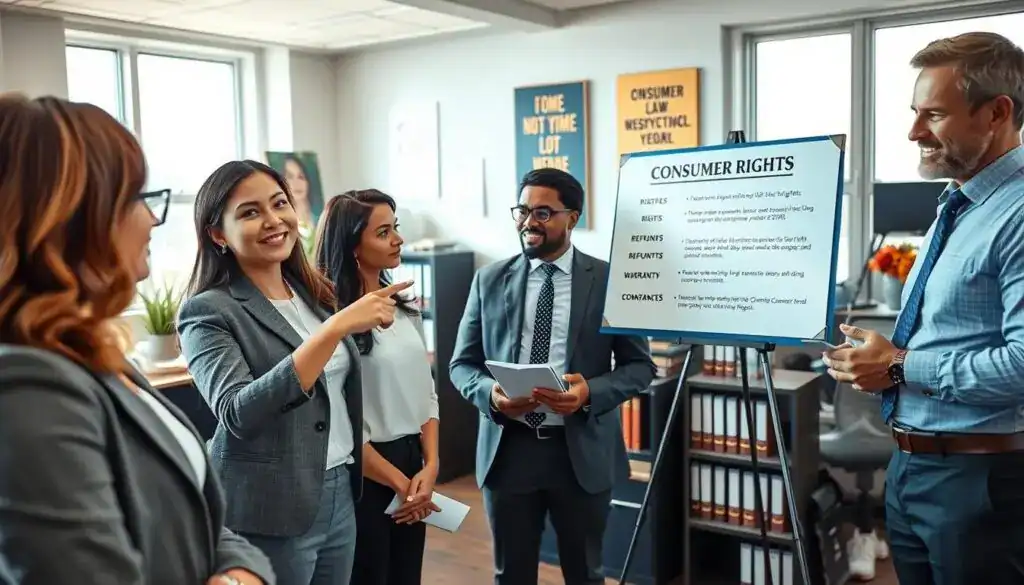 A professional office environment illustrating consumer rights, featuring a diverse group of consumers and business professionals engaged in a discussion. In the foreground, a confident woman in business attire points towards a presentation board displaying key rights of consumers, such as refunds and warranties. The middle ground has two attentive individuals, one taking notes and the other nodding in agreement, dressed in smart casual attire. The background reveals an organized office space with shelves of consumer law books and motivational posters. Natural light pours in through large windows, creating an uplifting atmosphere. The image is shot from a slight high angle to capture the interaction vividly while emphasizing the importance of consumer responsibilities and rights. A professional office environment illustrating consumer rights, featuring a diverse group of consumers and business professionals engaged in a discussion. In the foreground, a confident woman in business attire points towards a presentation board displaying key rights of consumers, such as refunds and warranties. The middle ground has two attentive individuals, one taking notes and the other nodding in agreement, dressed in smart casual attire. The background reveals an organized office space with shelves of consumer law books and motivational posters. Natural light pours in through large windows, creating an uplifting atmosphere. The image is shot from a slight high angle to capture the interaction vividly while emphasizing the importance of consumer responsibilities and rights.